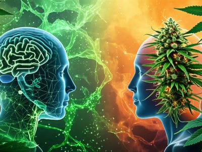 Conceptual illustration comparing THC and CBD, highlighting their molecular structures against a backdrop symbolizing psychoactive and therapeutic experiences.