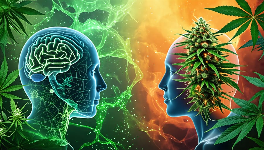 Conceptual illustration comparing THC and CBD, highlighting their molecular structures against a backdrop symbolizing psychoactive and therapeutic experiences.