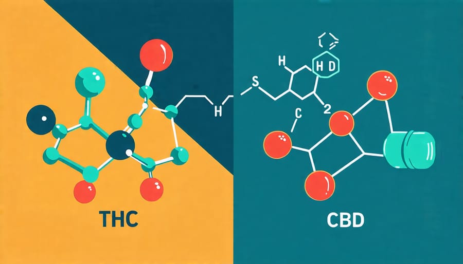 Illustrated comparison of THC and CBD molecular structures showing differences