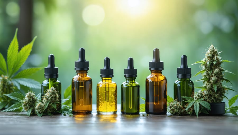 Different types of devices for vaping CBD and several CBD e-liquid bottles