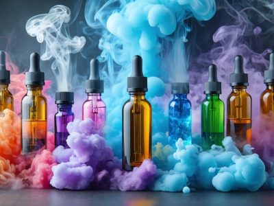 A selection of CBD-infused vaping devices and colorful e-liquid bottles surrounded by gentle vape clouds, representing the diversity of products and the community aspect of CBD vaping.