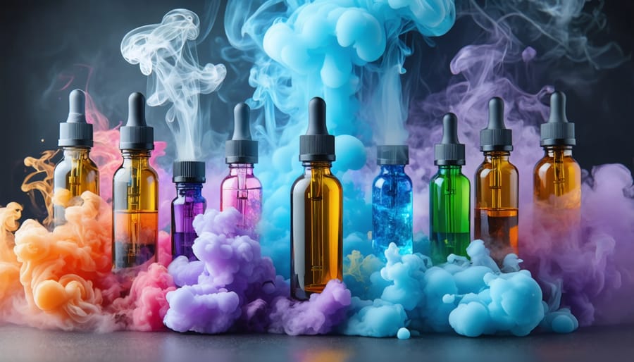 A selection of CBD-infused vaping devices and colorful e-liquid bottles surrounded by gentle vape clouds, representing the diversity of products and the community aspect of CBD vaping.