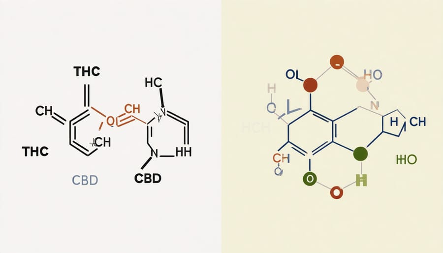 Illustration showing the chemical structure of THC and CBD molecules highlighting their differences