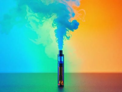 An artistic depiction of a vaping device releasing blue and green vapors, symbolizing the contrasting effects of THC and CBD, with molecular structures and legal scales in the background.