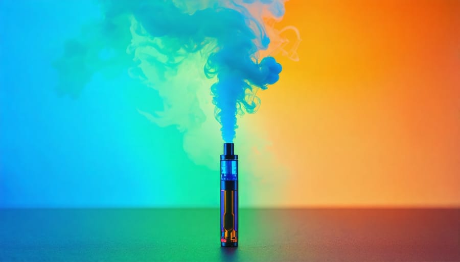 An artistic depiction of a vaping device releasing blue and green vapors, symbolizing the contrasting effects of THC and CBD, with molecular structures and legal scales in the background.